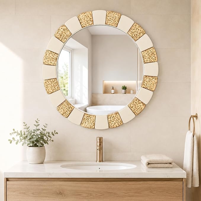Saliwa 27 Inch Round Bathroom Mirror, Wood Framed Wall Mirror, Rustic Farmhouse Round Mirror for Vanity, Entryway, Living Room, Bedroom and Hallway
