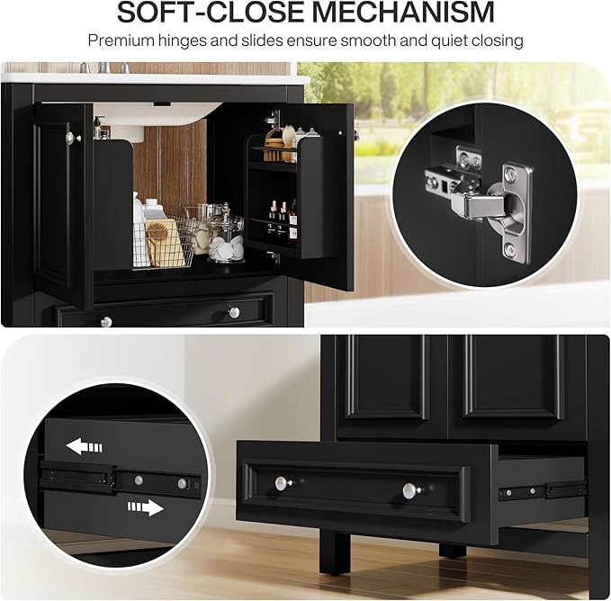 Tribesigns Modern Bathroom Vanity with Sink, Freestanding Bathroom Vanities Cabinet with Ceramic Basin Combo, Bathroom Sink Cabinet with 2 Doors and 1 Drawer, Solid Wooden Frame (Black, 30 INCH)