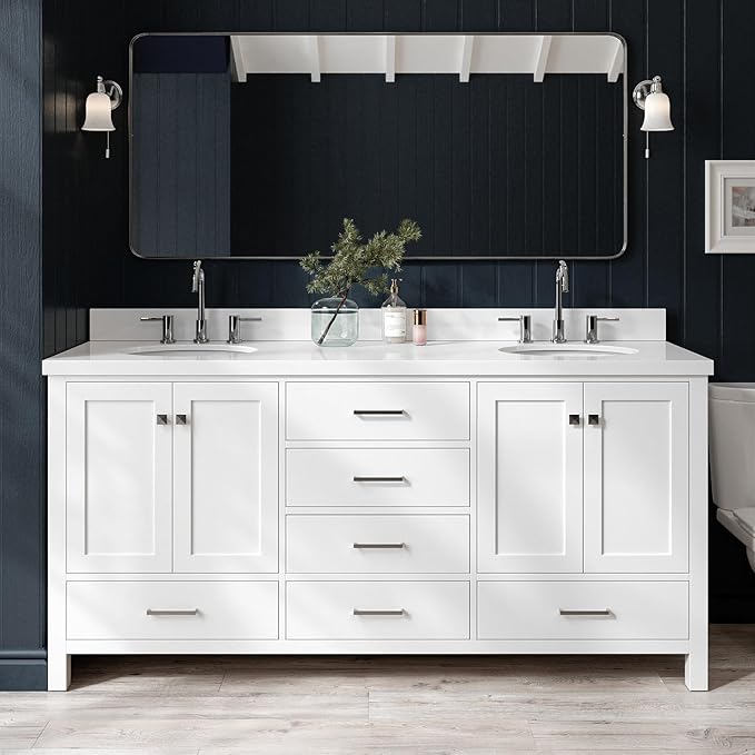 ARIEL Cambridge 72-inch Bathroom Vanity with Sink,Solid Wood, 1.5-inch Pure White Quartz Countertop & Backsplash, Double Oval Porcelain Sink, 4 Soft Closing Doors, 6 Dovetail Drawers, White