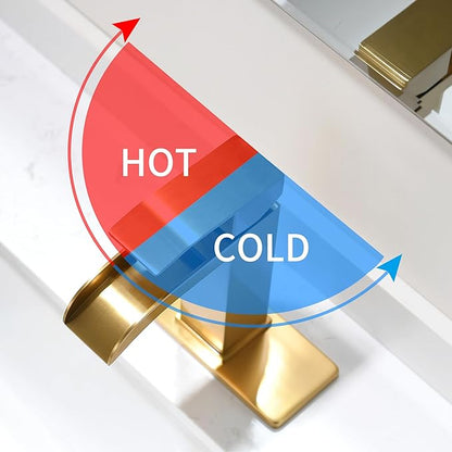 Waterfall Bathroom Faucet Gold - Single Handle Sink Faucets Bathroom 1 Hole Or 3 Hole for 4In | Modern Solid Vanity Faucet with Deck Plate & Overflow Pop Up Drain Brushed Gold