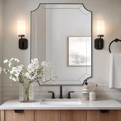 Black Bathroom Mirror, 30x40 Scalloped Mirror for Bathroom, Metal Framed Curved Vanity Mirror, Large Notched Corner Mirror with Delicate Tessellated Glass Design, Horizontal & Vertical