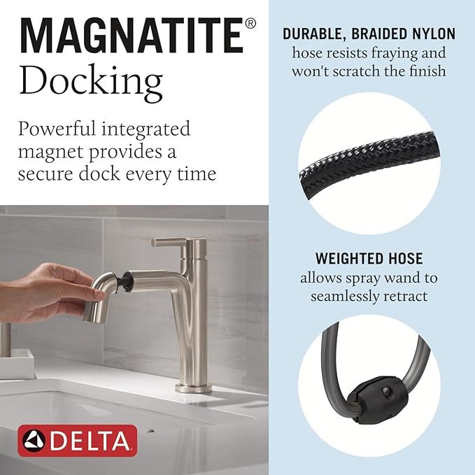 Delta Nicoli 1 Hole Pull Down Bathroom Faucet with Sprayer, Brushed Nickel Single Hole Bathroom Sink Faucet with Pull Out Sprayer for Vanity, Push-Pop Drain, Stainless 15849LF-SSPD