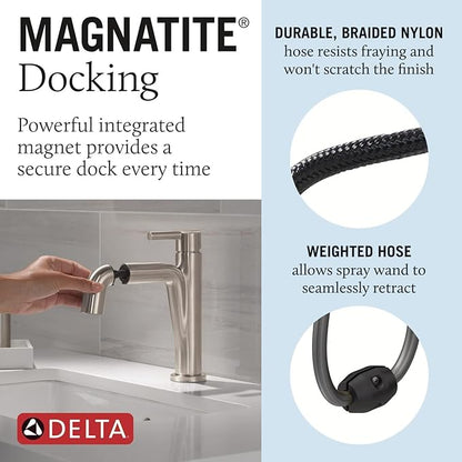 Delta Nicoli 1 Hole Pull Down Bathroom Faucet with Sprayer, Brushed Nickel Single Hole Bathroom Sink Faucet with Pull Out Sprayer for Vanity, Push-Pop Drain, Stainless 15849LF-SSPD