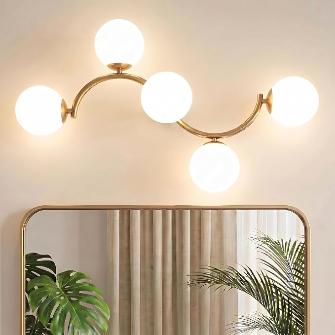 Mieloxiy 5-Light Gold Bathroom Vanity Light, Modern Mid Century Bathroom Light Fixtures Over Mirror with Milk Glass Globe Shades, G9 Wall Sconce for Vanity, Bedroom, Hallway, Bulbs Not Included