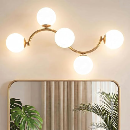 Mieloxiy 5-Light Gold Bathroom Vanity Light, Modern Mid Century Bathroom Light Fixtures Over Mirror with Milk Glass Globe Shades, G9 Wall Sconce for Vanity, Bedroom, Hallway, Bulbs Not Included