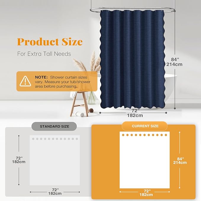 BTTN 72x84 Shower Curtain, Extra Long Scalloped Linen Textured Thick Cloth Shower Curtain Set with 12 Hooks, Tall Unique Elegant Decorative Waterproof Fabric Shower Curtains for Bathroom - Navy Blue