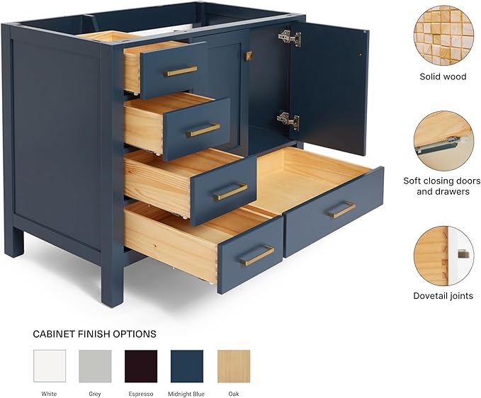 ARIEL Cambridge 42-inch Bathroom Vanity Base Cabinet,Solid Wood, 2 Soft Closing Doors, 5 Dovetail Drawers, Midnight Blue