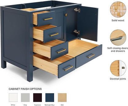 ARIEL Cambridge 42-inch Bathroom Vanity Base Cabinet,Solid Wood, 2 Soft Closing Doors, 5 Dovetail Drawers, Midnight Blue