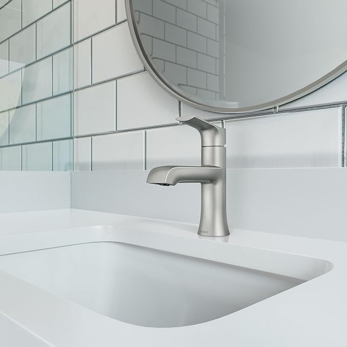 Moen LISO Spot Resist Brushed Nickel One-Handle Bathroom Faucet, One Hole Bathroom Sink Faucet with Optional Deck Plate and Push Down Drain, 84540SRN