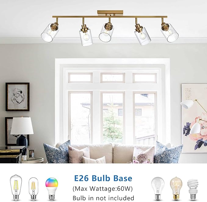 MELUCEE 5-Light Track Lighting Kit Brass Semi Flush Mount Ceiling Light Fixture with 5 Rotatable Light Heads, Modern Accent Lighting for Foyer Art Wall Kitchen, Clear Glass Shade