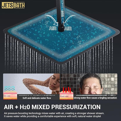 16" Thermostatic Dual Rainfall Head Matte Black Shower System | Ceiling Mounted Full Body Shower Faucet Set with Thermostatic Valve for Couples/ 2-Person，16“+6”Shower Head & handheld