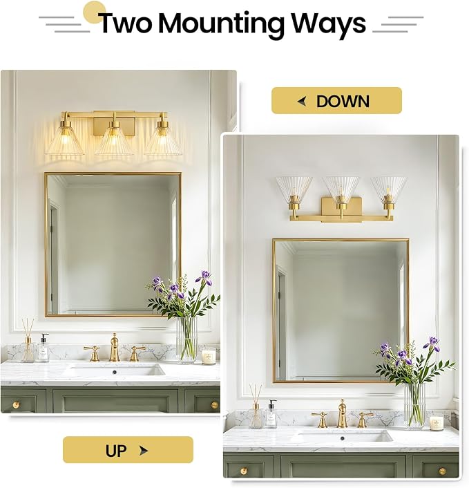 AIJIASI Modern Bathroom Vanity Light 3-Light Brushed Gold Bathroom Light Fixtures with Ribbed Glass Shade 24 Inch Up/Down Mount Vanity Lighting Fixtures Over Mirror for Bath Bedroom Makeup