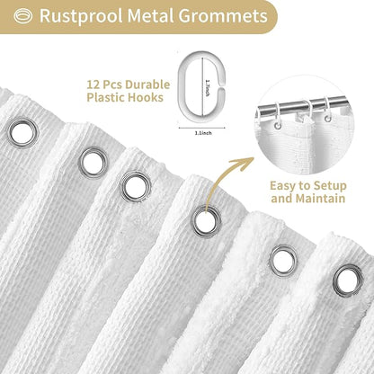 Extra Long White Shower Curtain Boho, 72 x 84 Cotton Blend Waffle Weave Stripe Textured Heavy Duty, Fabric Shower Curtain for Bathroom, Hotel, Washable