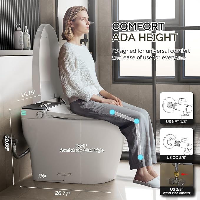 Smart Toilet with Bidet Built In ADA Height 17.7", One Piece Tankless Bidet Toilet with Auto Open Close, Foam Shield, Voice Control Modern Elongated Toilet with Heated Seat, Warm Water & Dryer