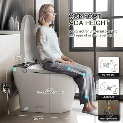 Smart Toilet with Bidet Built In ADA Height 17.7", One Piece Tankless Bidet Toilet with Auto Open Close, Foam Shield, Voice Control Modern Elongated Toilet with Heated Seat, Warm Water & Dryer