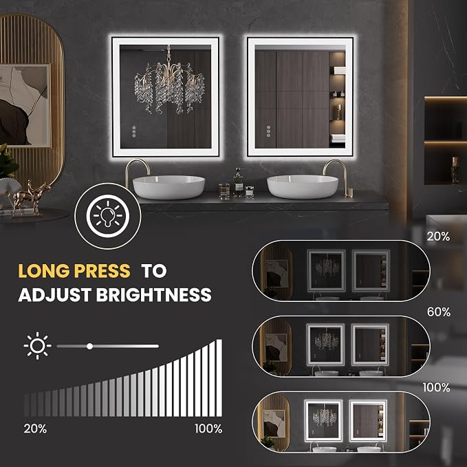 LOAAO 32"X36" LED Bathroom Mirror Black Framed | Anti-Fog, Dimmable, Memory Function, Tempered Glass, Lighted Vanity Mirror for Wall