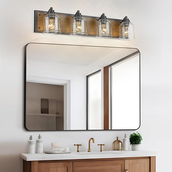 Vanity Lights for Bathroom Large 31.5", Farmhouse Rustic Vanity Light with Bubble Glass Shades, Brown 4 Light Bathroom Lighting Fixtures Over Mirror, Bath Wall Sconce Home Decor