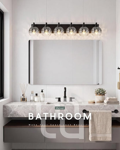 6-Light Black Bathroom Vanity Light, Hammered Glass Globe Shade | 38 Inch matte black modern bathroom light fixture over mirror, UL listed, E26 bulbs, hardwired, upward only, VL200-MB-CL-6
