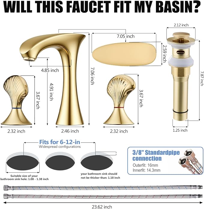Gold Bathroom Faucet 3 Hole, 8 Inch Widespread Bathroom Sink Faucet for Vanity, 2 Handle Bathroom Faucets, Bathroom Vanity Faucet with Pop-Up Drain and Supply Hoses