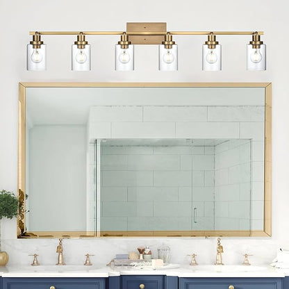 MELUCEE 6 Light Bathroom Vanity Light Fixtures Multi-Directional Rotating Track Lighting Kit Brass, Ceiling Spotlight Fixture for Kitchen Foyer Bath, Clear Glass Shade