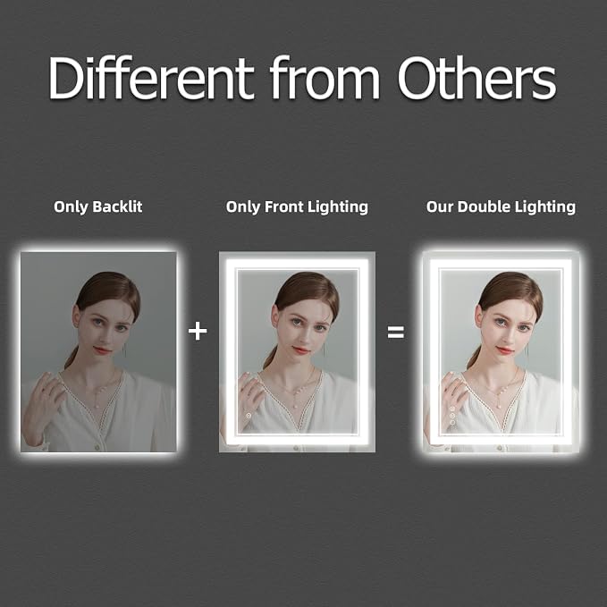 24x36 Inch LED Bathroom Mirror with Lights | Front and Backlit, 3 Colors, Dimmable, Memory, Anti Fog, Shatterproof, Horizontal/Vertical, Lighted Mirrors for Bathroom Wall