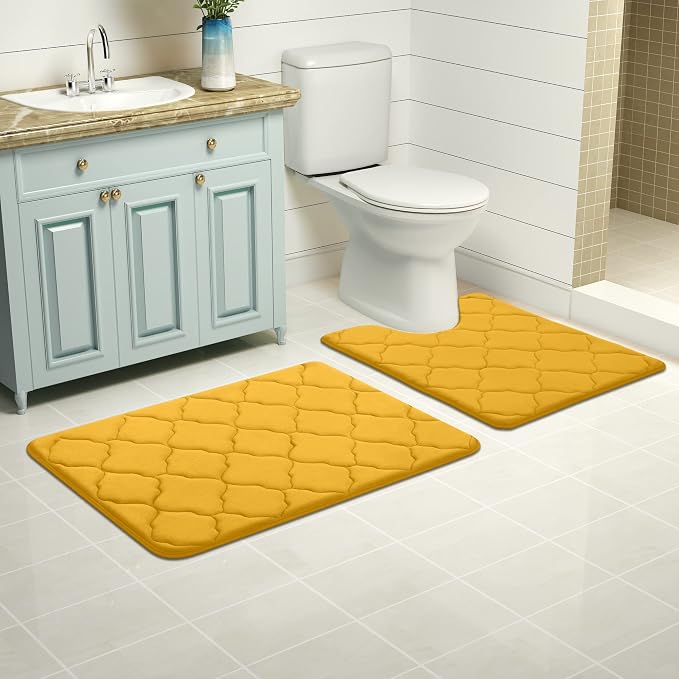 OLANLY Memory Foam Toilet Rugs U-Shaped 24x20, Ultra Soft and Absorbent Bathroom Rugs, Non-Slip, Comfortable, Machine Washable Contour Bath Mat for Toilet Base, Home Decor Accessories, Yellow