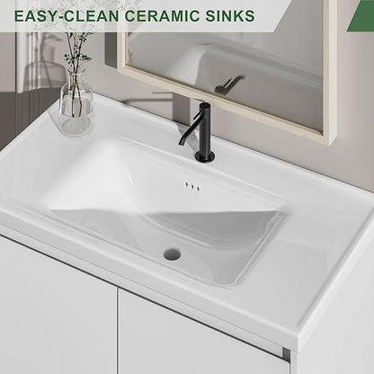 OLD CAPTAIN 36" Bathroom Vanity with Ceramic Sink, Floating Bathroom Vanity with Sink and Cabinet, Wall Mounted Bathroom Sink Cabinet with Storage and Two Doors, White