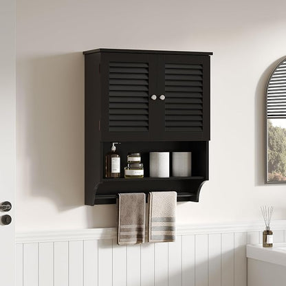 ChooChoo Bathroom Wall Cabinet with Towel Bar and Ample Storage | 23.6"L x 7.9"W x 27.5"H MDF Medicine Cabinet, Over The Toilet Space Saver Storage Cabinet with Adjustable Shelf, Black