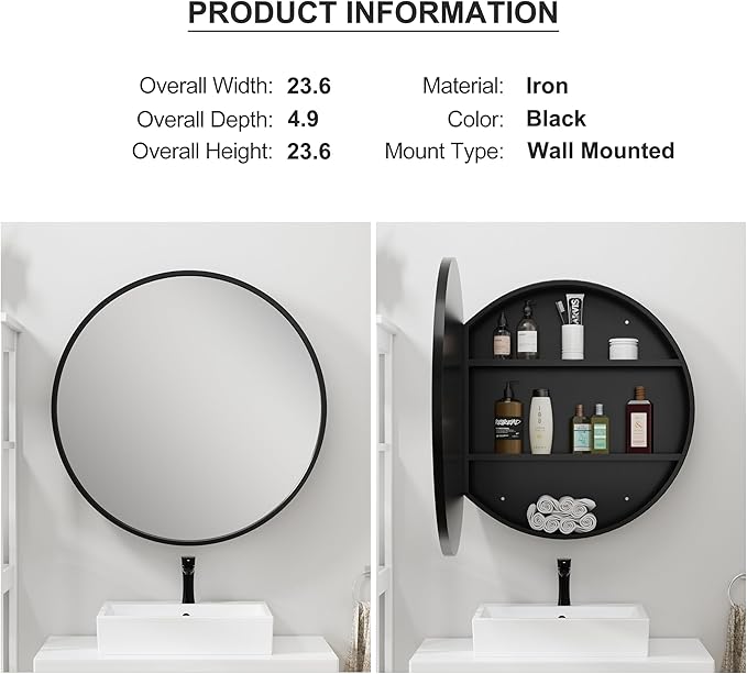 Casaphoria 24" Round Bathroom Medicine Cabinet with Mirror, Metal Frame Wall Medicine Cabinets Mirrors, Wall Mirror Cabinet, Gold