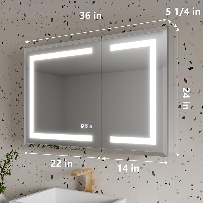 LED Bathroom Medicine Cabinet with Mirror, 24x36 Medicine Cabinet with Lights, Power Failure memor, Dimmable, Defogging, Recessed/Surface, Front&Backlit, Outlets, Dual-Opening