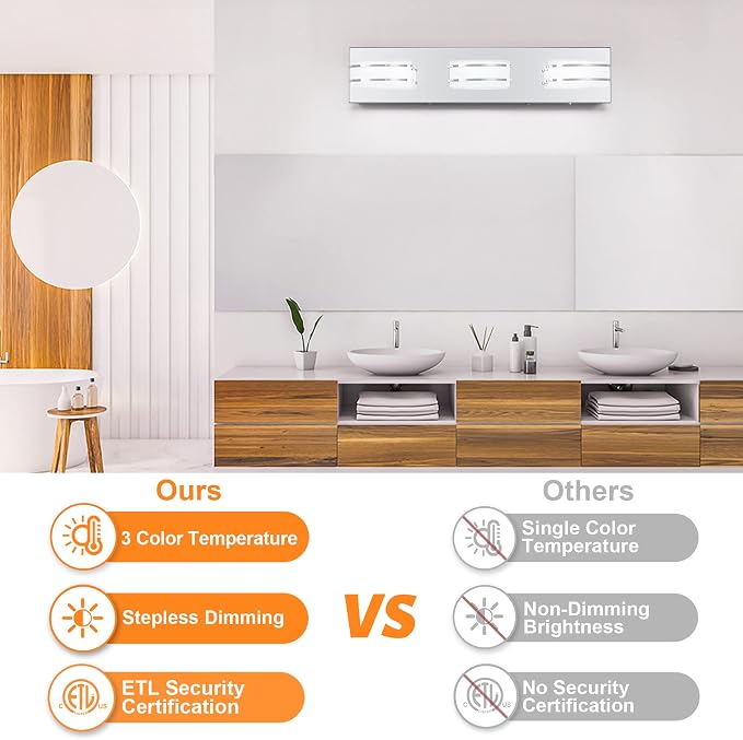 GOODATE 3 Color Temperature Dimmable Bathroom Light Fixtures Over Mirror, LED Chrome 3 Light Vanity Lighting Fixtures, Acrylic Stainless Steel Oval Shade Vanity Lights for Bathroom, ETL Certificated