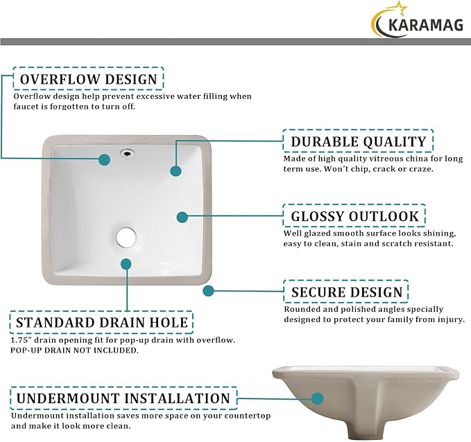 14 Inch Small Undermount Bathroom Sink Rectangle Undermount Sink White Ceramic Under Counter Bathroom Sinks with Overflow (14.4"x12.7")