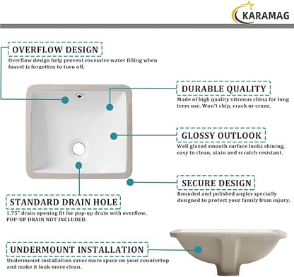 14 Inch Small Undermount Bathroom Sink Rectangle Undermount Sink White Ceramic Under Counter Bathroom Sinks with Overflow (14.4"x12.7")
