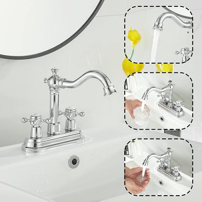 Polished Chrome Bathroom Faucet 2 Handles 4 Inches Centerset Bathroom Vanity with Drain Assembly and Supply Hose Lavatory Faucet