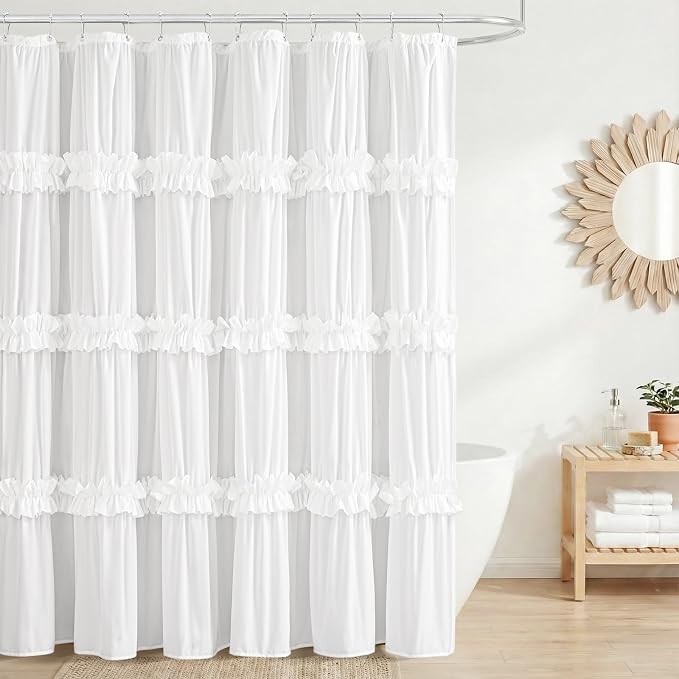 LIPA Boho Rustic White Ruffle Shower Curtain 72x72 Inches | Farmhouse Shower Curtains for Bathroom,Water‑Resistant Fabric Shower Curtain,Bohemian Bathroom Decor