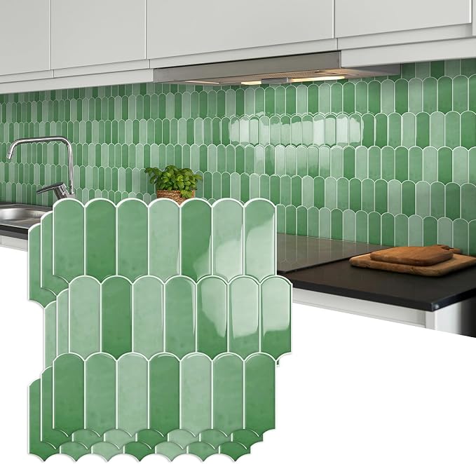 10-Sheet Upgraded Thicker Peel and Stick Kitchen Backsplash Tiles | Waterproof Self-Adhesive Vinyl Wall Tile Stick on Backsplash for Kitchen,Bathroom,Fireplace and RV(Sage Green,12"×12")