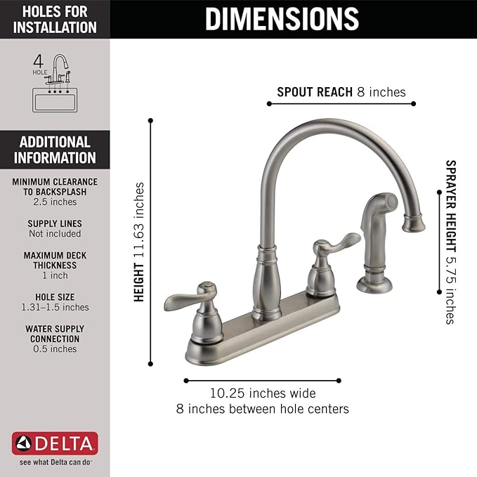 Delta Windemere Brushed Nickel Kitchen Faucet with Side Sprayer, Traditional 4 Hole Kitchen Sink Faucet, Two-Handle, Stainless 21996LF-SS