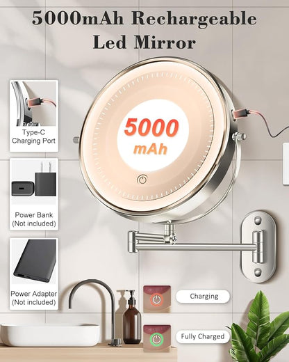 9'' 30X/1X Wall Mounted Height Adjustable Lighted Magnifying Makeup Mirror | 5000mAh Rechargeable Bathroom Mirror with 3 Color Modes Light, Extended Arm Space Saving for Apartment, Hotel, Rental House