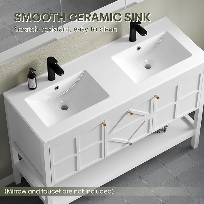 48" Bathroom Vanity with Double Sink Combo, Undermount Sink Bathroom Storage Cabinet with 2 Drawers & 2 Soft-Close Doors, Freestanding Farmhouse Cabinet with Open Storage Shelf, White