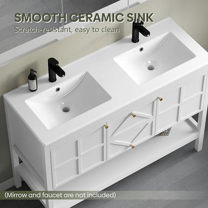 48" Bathroom Vanity with Double Sink Combo, Undermount Sink Bathroom Storage Cabinet with 2 Drawers & 2 Soft-Close Doors, Freestanding Farmhouse Cabinet with Open Storage Shelf, White