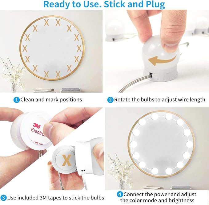 LED Vanity Mirror Lights with 14 Dimmable Bulbs, 3000K 4500K 6500K & 10 Brightness Levels Adjustable, Plug in USB Cable, Hollywood Style Stick On Mirror Lights for Makeup Desk Bathroom Dressing Room