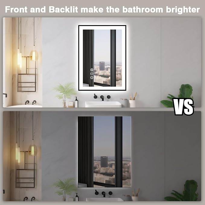 EchosLife 24x36 LED Bathroom Mirrors for Wall - Black Aluminum Framed | Black Frame, Front and Backlit, Anti-Fog, Stepless Dimmable, 3 Colors, Memory, Tempered Glass, UL Listed, Horizontal/Vertical