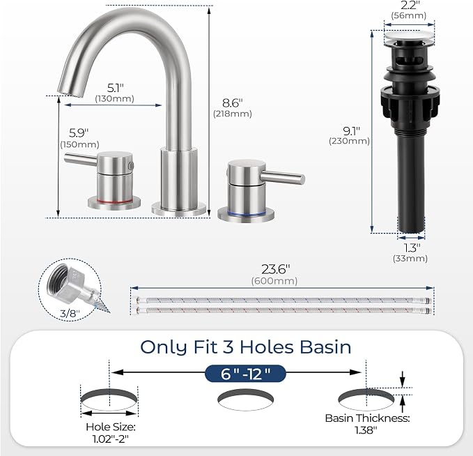Nickel 8 Inch Widespread Bathroom Faucet 3 Hole with Pop-up Drain | 2 Handle, 8 Inch 3 Hole Sink, 360° Swivel Spout, RV Vanity, Quick Connect, Supply Hoses, NSF372 NSF61 cUPC