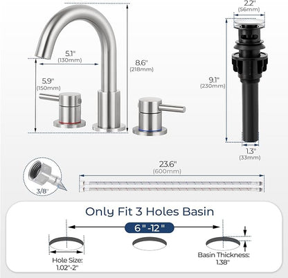 Nickel 8 Inch Widespread Bathroom Faucet 3 Hole with Pop-up Drain | 2 Handle, 8 Inch 3 Hole Sink, 360° Swivel Spout, RV Vanity, Quick Connect, Supply Hoses, NSF372 NSF61 cUPC