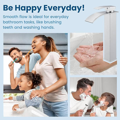Airuida Tall Bathroom Vessel Faucet Chrome Polish Waterfall Bathroom Single Handle Single Hole Deck Mount Bowl Mixer Tap with Large Waterfall Spout Bar Sink Faucet Lavatory Vanity