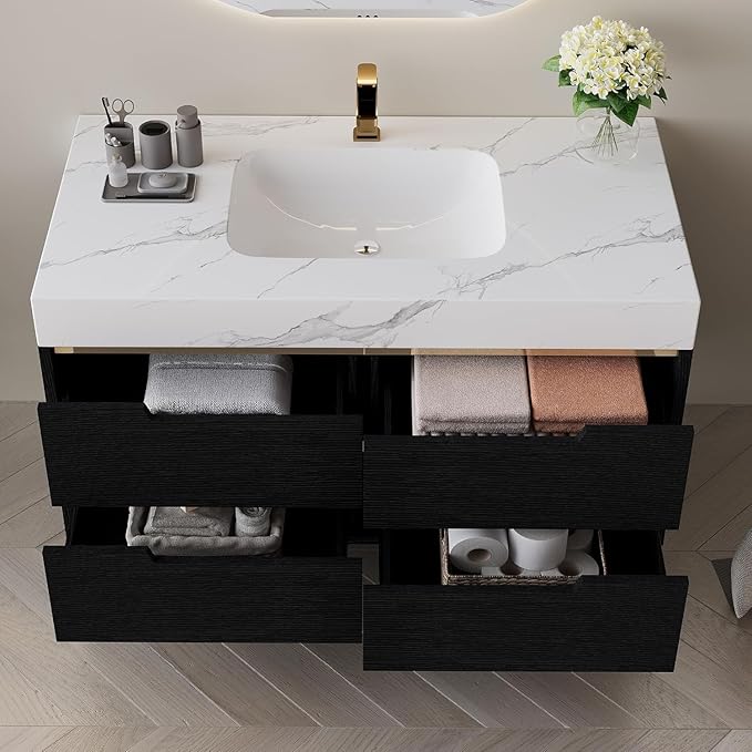 36" Bathroom Vanity with Undermount Sink Set, Modern 2-in-1 Wall Mounted & Freestanding Bathroom Vanity Cabinet with Sintered Stone top&4 Storage Drawers, Single Bathroom Sink Cabinet