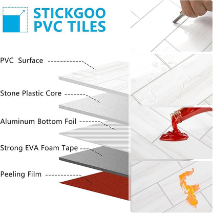 STICKGOO 10-Sheet Backsplash Peel and Stick Subway Tile(Thicker Design, Glossy Dolomite White)