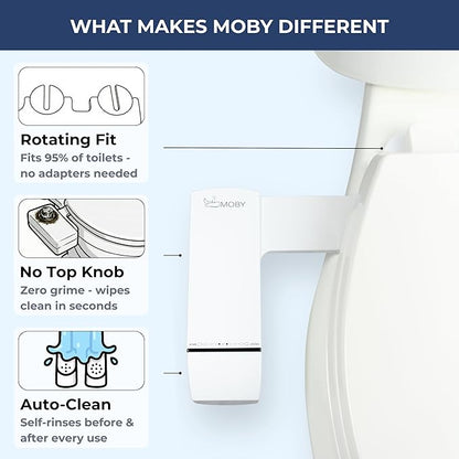 MOBY Bidet Toilet Seat Attachment - Non-Electric, Dual Nozzles with Self-Cleaning, Ultra-Thin Design, Easy 10-Minute Installation, Adjustable Water Pressure, Effortless Cleaning Experience