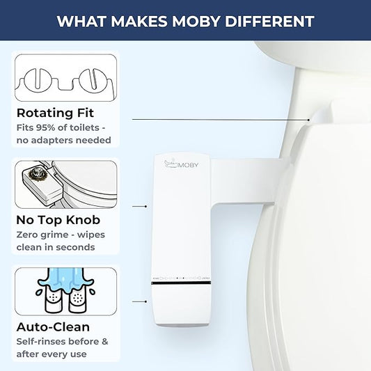 MOBY Bidet Toilet Seat Attachment - Non-Electric, Dual Nozzles with Self-Cleaning, Ultra-Thin Design, Easy 10-Minute Installation, Adjustable Water Pressure, Effortless Cleaning Experience