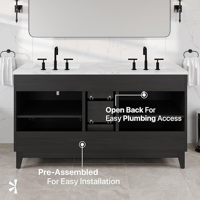 Graham 60 in. Blackwood Double Sink Bath Vanity with Arabescato Engineered Stone Top and Undermount Porcelain Sinks